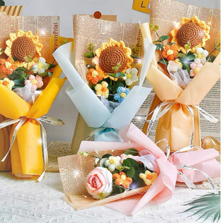 Bó hoa hướng dương, hoa hồng, hoa cẩm chướng bằng len gói sẵn làm quà tặng lưu niệm, quà sinh nhật