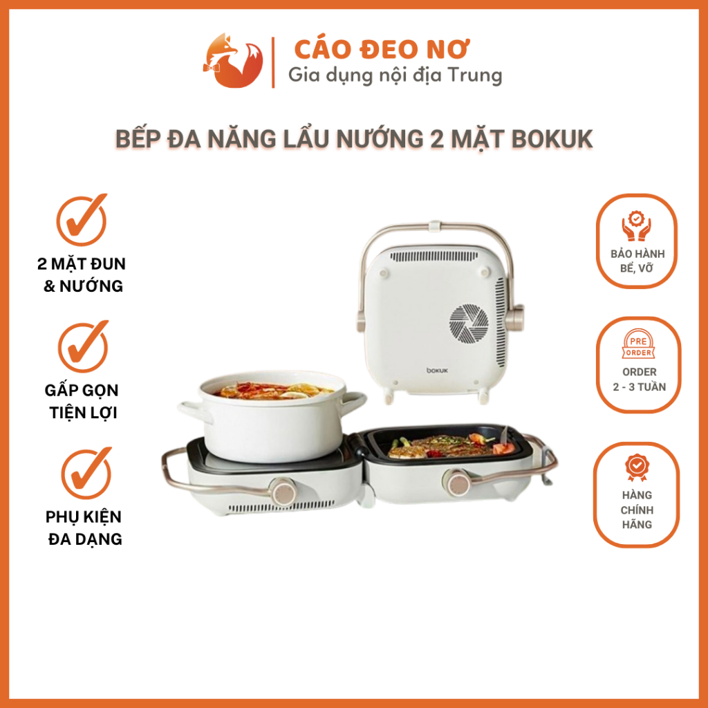 [Chính hãng] Bộ Bếp Đa Năng Lẩu Nướng 2 Mặt BOKUK - Cáo Đeo Nơ