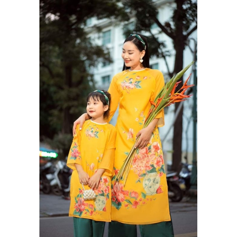 Sét áo dài gia đình màu vàng nổi bật cao cấp