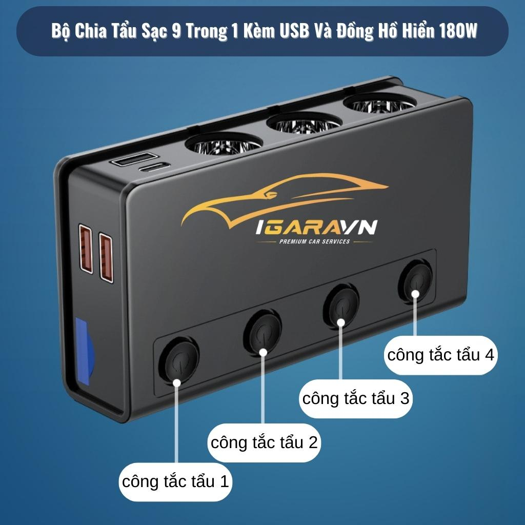 Bộ Chia Tẩu Sạc 9 Trong 1 Kèm USB Và Đồng Hồ Hiển 180W Hỗ Trợ Sạc Nhanh Type C Cho Ô Tô | BigBuy360 - bigbuy360.vn