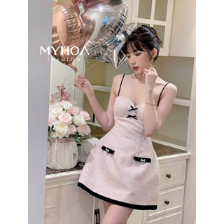 MYHOA| Váy 2 Dây Nữ Dạ Tex Phối Màu Đính Nơ Đá TKCC