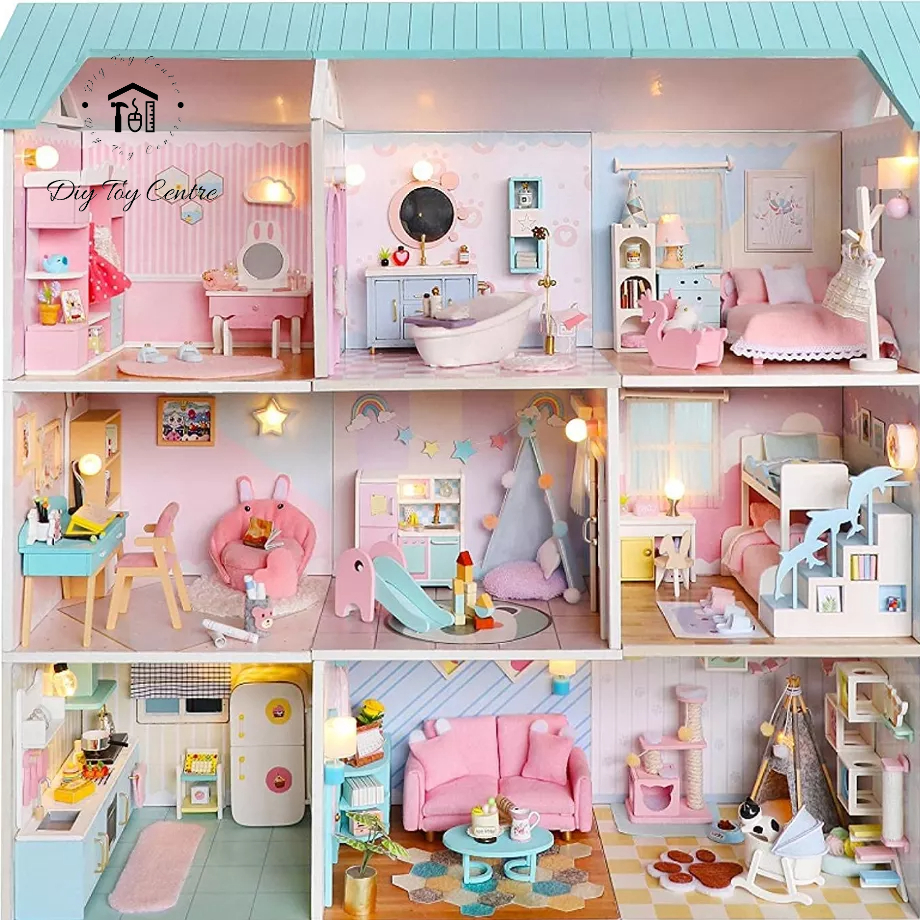 Mô hình đồ chơi DIY Phòng búp bê, Nhà búp bê thủ công tự làm lấy bằng gỗ có nắp che bụi có thể hợp thành Ngôi Nhà Mơ Ước