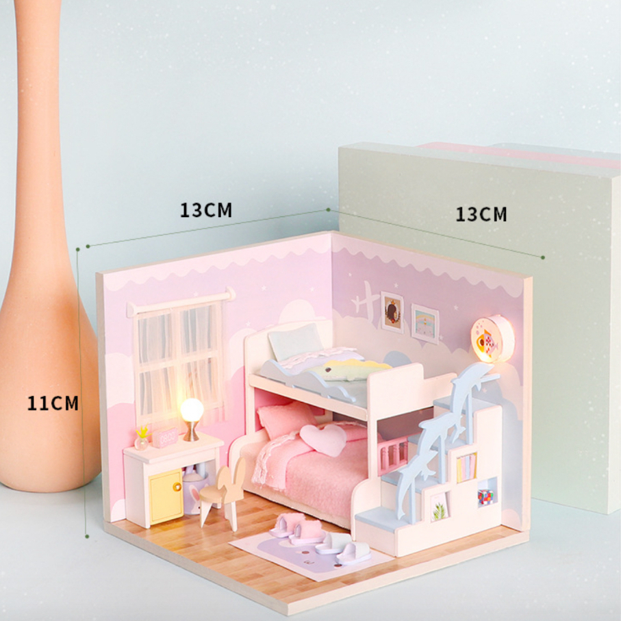 Mô hình đồ chơi DIY Phòng búp bê, Nhà búp bê thủ công tự làm lấy bằng gỗ có nắp che bụi có thể hợp thành Ngôi Nhà Mơ Ước