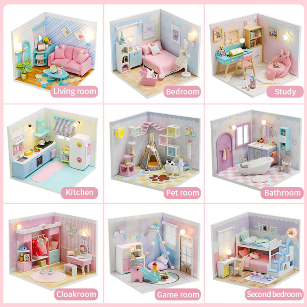 Mô hình đồ chơi DIY Phòng búp bê, Nhà búp bê thủ công tự làm lấy bằng gỗ có nắp che bụi có thể hợp thành Ngôi Nhà Mơ Ước