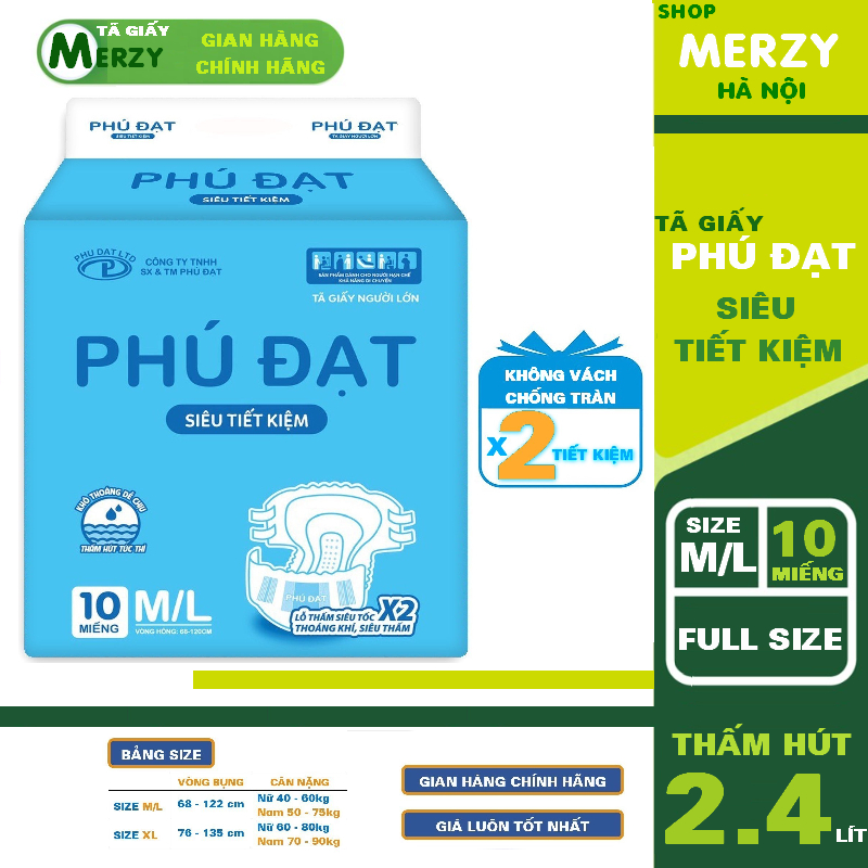 (Sỉ) Tã già Phú Đạt M/L10 miếng (thùng 100 miếng) Không vách và Có vách chống tràn.  Bỉm Già PHÚ ĐẠT, bỉm Phú Đạt