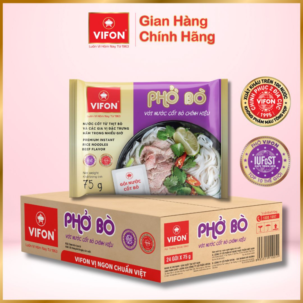 Thùng 24 Phở Bò VIFON Có Gói Nước Cốt Bò 75g/gói