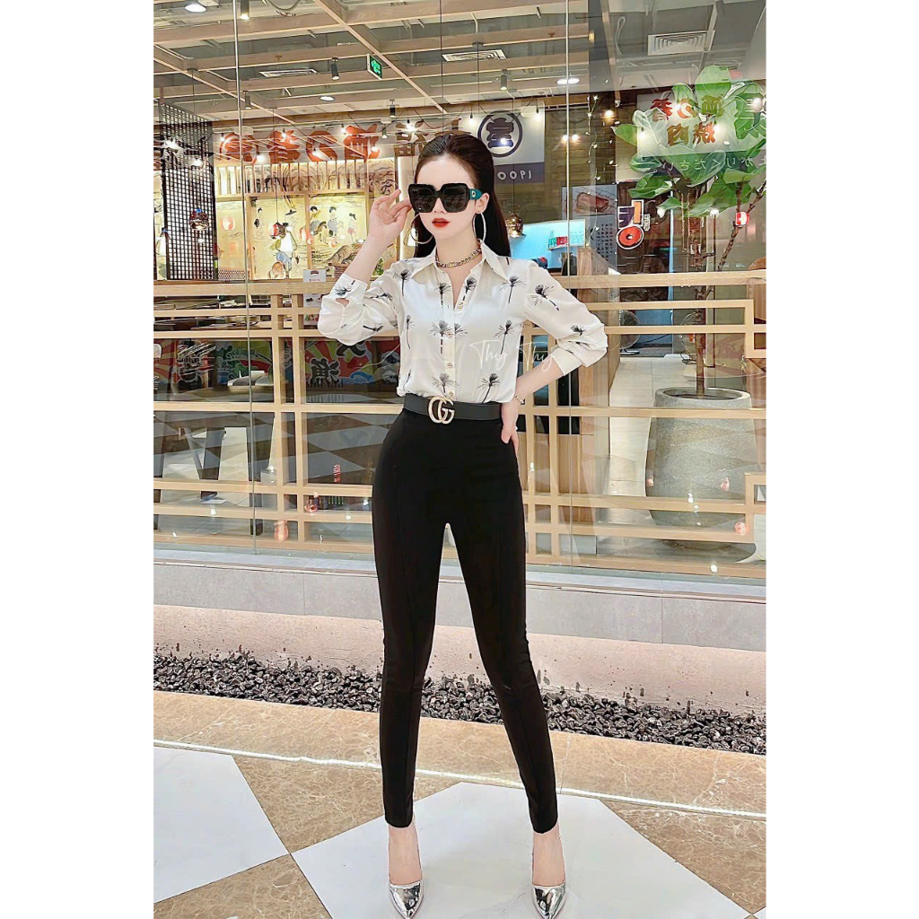 Áo lụa sơ mi dài tay công sở họa tiết cây dừa nền trắng cao cấp, áo sơmi họa tiết thiết kế MQ Boutique