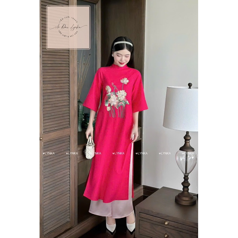 D22-Áo dài cách tân đũi linen suông thêu hoa/ aodailynka88