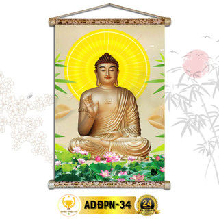 Tranh phật treo tường phật a di đà ngồi chân thiện mỹ, chất liệu vải lụa kim sa khung gỗ 40x60cm adđpn-34