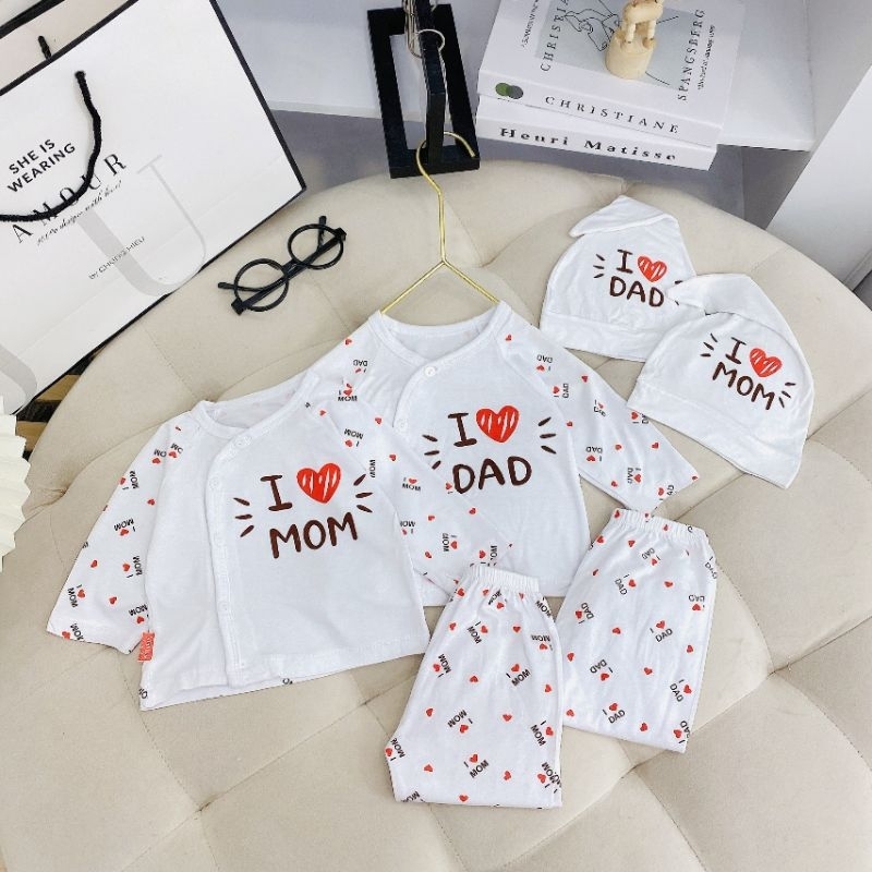 Bộ Quần Áo Dài Sơ Sinh Dad Mum Kèm Mũ Cho Bé 3-8Kg