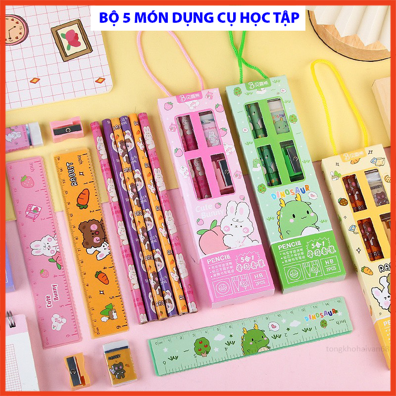 Bộ Dụng Cụ Học Tập 5 Món Có Quai Xách, Set 5 Đồ Dùng Học Tập Gồm Bút Chì + Tẩy + Thước Kẻ + Gọt Bút Chì Cho Học Sinh