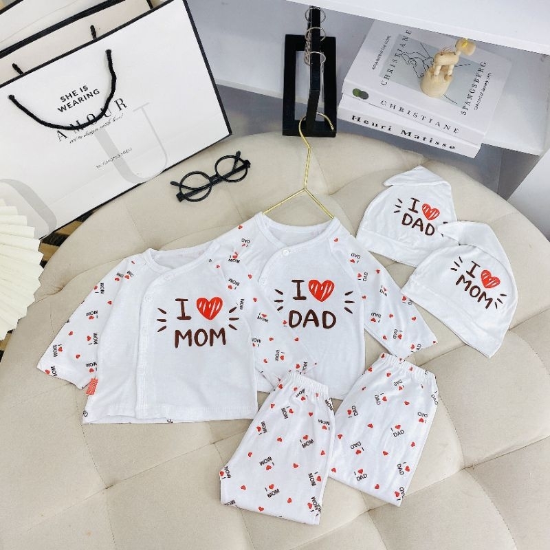 Bộ Quần Áo Dài Sơ Sinh Trắng DAD MUM Kèm Mũ, Thun Lạnh Mềm Mát