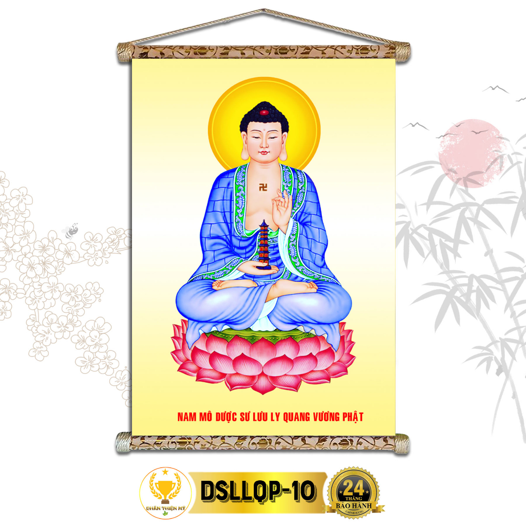 Tranh Phật Treo Tường Phật Dược Sư CHÂN THIỆN MỸ, Chất Liệu Vải Lụa Kim Sa Khung Gỗ 40x60cm DSLLQP-10