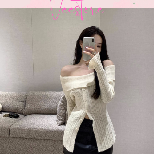 Áo croptop len trễ vai đính kèm cúc. Áo len tăm co dãn dài tay ôm body tôn dáng cực hợp mùa thu Hà Nội Veestore