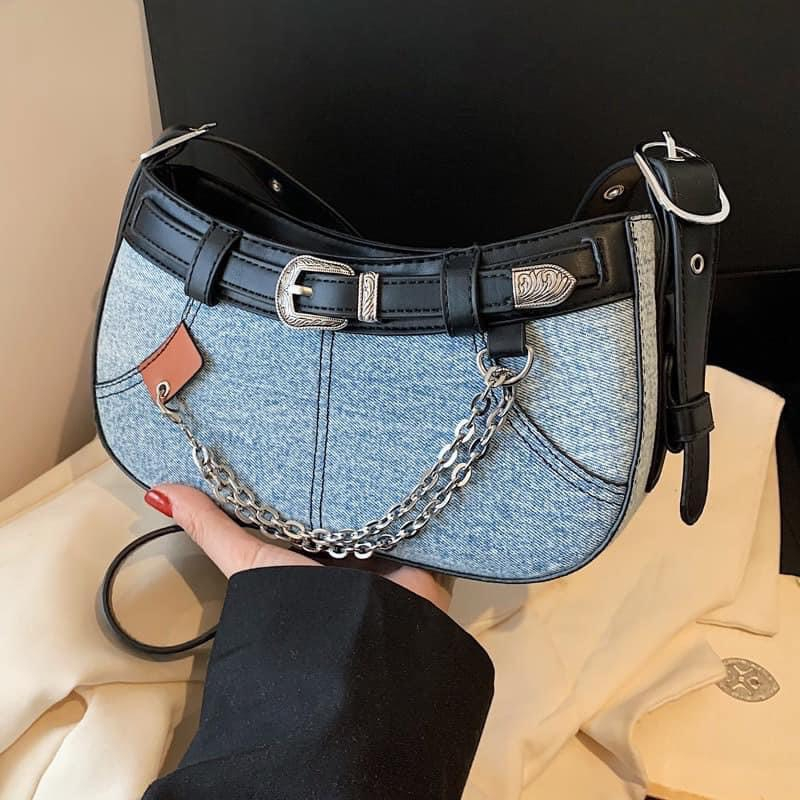 Túi xách nữ đeo chéo denim dáng thuyền phối xích vải bò_ TDC257