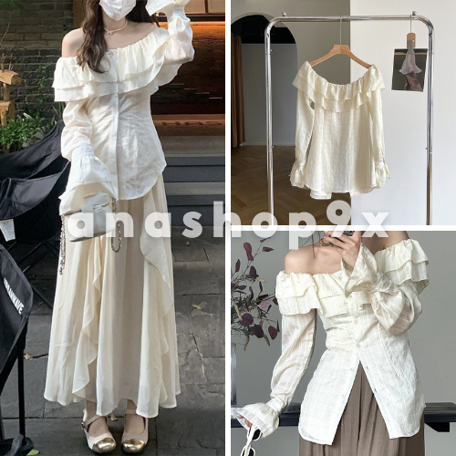 Áo trễ vai bèo cúc sơ mi ANASHOP9X, áo dài tay sơ mi đuôi tôm mix chân váy siêu xinh kiểu Hàn Quốc bánh bèo ulzzang hot