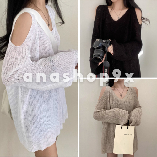 Áo dài tay cổ tim len lỗ khoét vai ANASHOP9X, áo thun body nữ basic tôn dáng ulzzang bánh bèo mặc đi học đi chơi