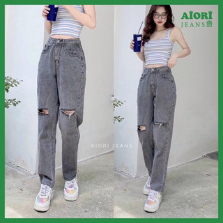 Quần Jean Nữ Aiori Fashion Baggy Lưng Cao Rách Gối Màu Xám Quần Bò Trơn Cạp Cao