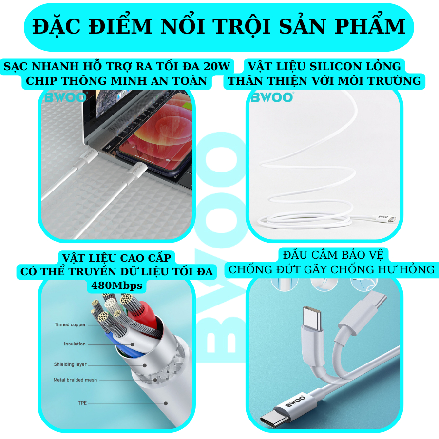 Dây sạc nhanh PD 20w chính hãng BWOO X193 cáp silicon dùng cho 14 13 12pro 11promax xsmax ...