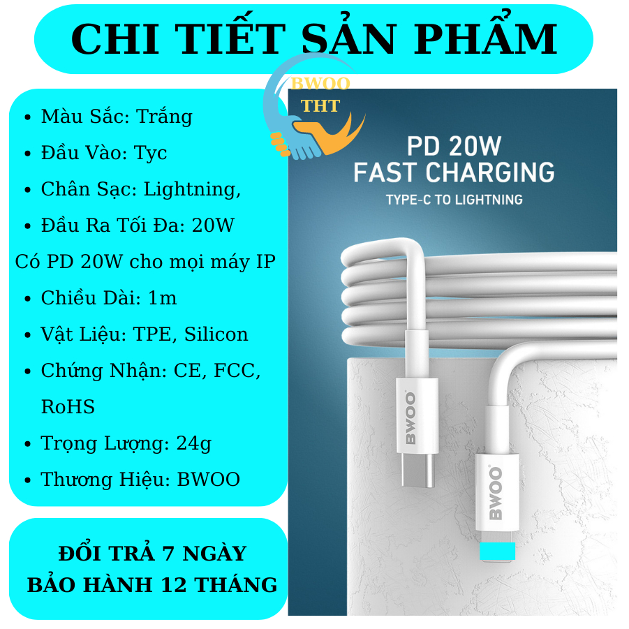 Dây sạc nhanh PD 20w chính hãng BWOO X193 cáp silicon dùng cho 14 13 12pro 11promax xsmax ...