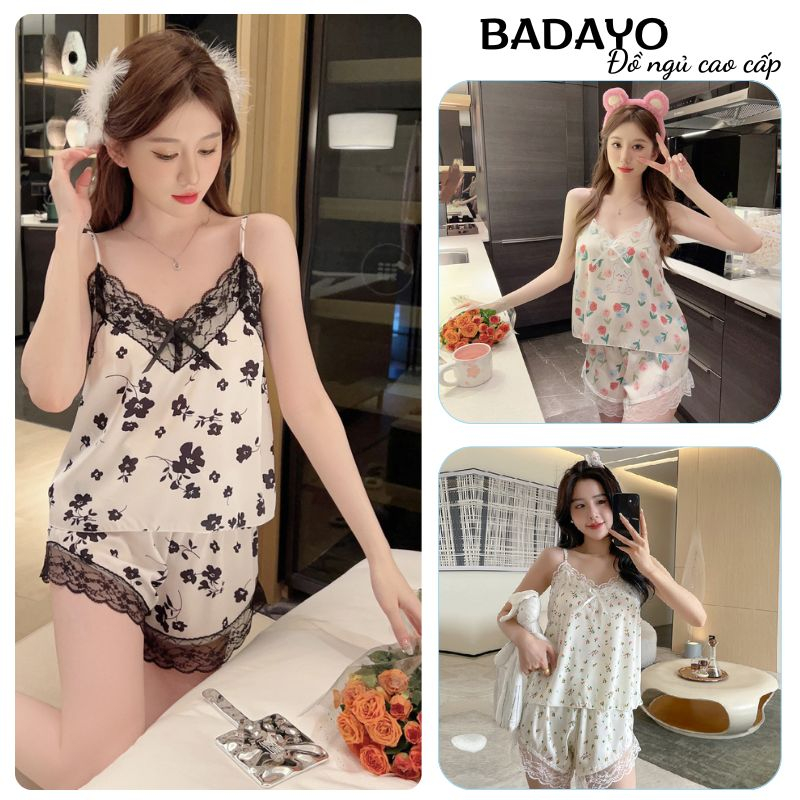 Set đồ ngủ 2 dây vải lụa quần cạp chun thoáng mát hoạ tiết dễ thương BADAYO HCOM008