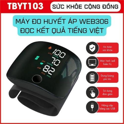 Máy đo huyết áp cổ tay WEB306, đọc kết quả tiếng việt, cảnh báo huyết áp theo màu sắc, đo chính xác kết quả, pin sạc usb