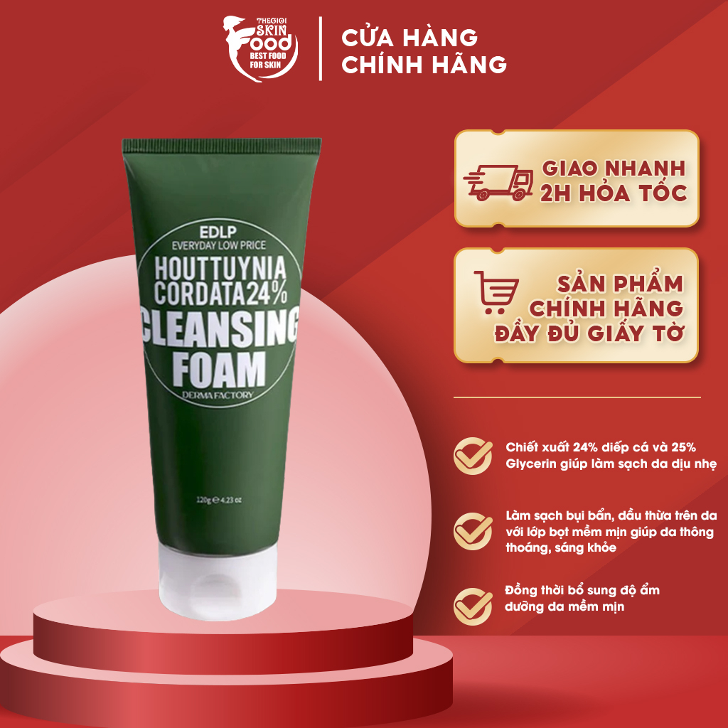 Sữa Rửa Mặt Làm Sạch Dịu Nhẹ Chiết Xuất Diếp Cá Derma Factory EDLP Houttuynia Cordata 24% Cleansing Foam 120g