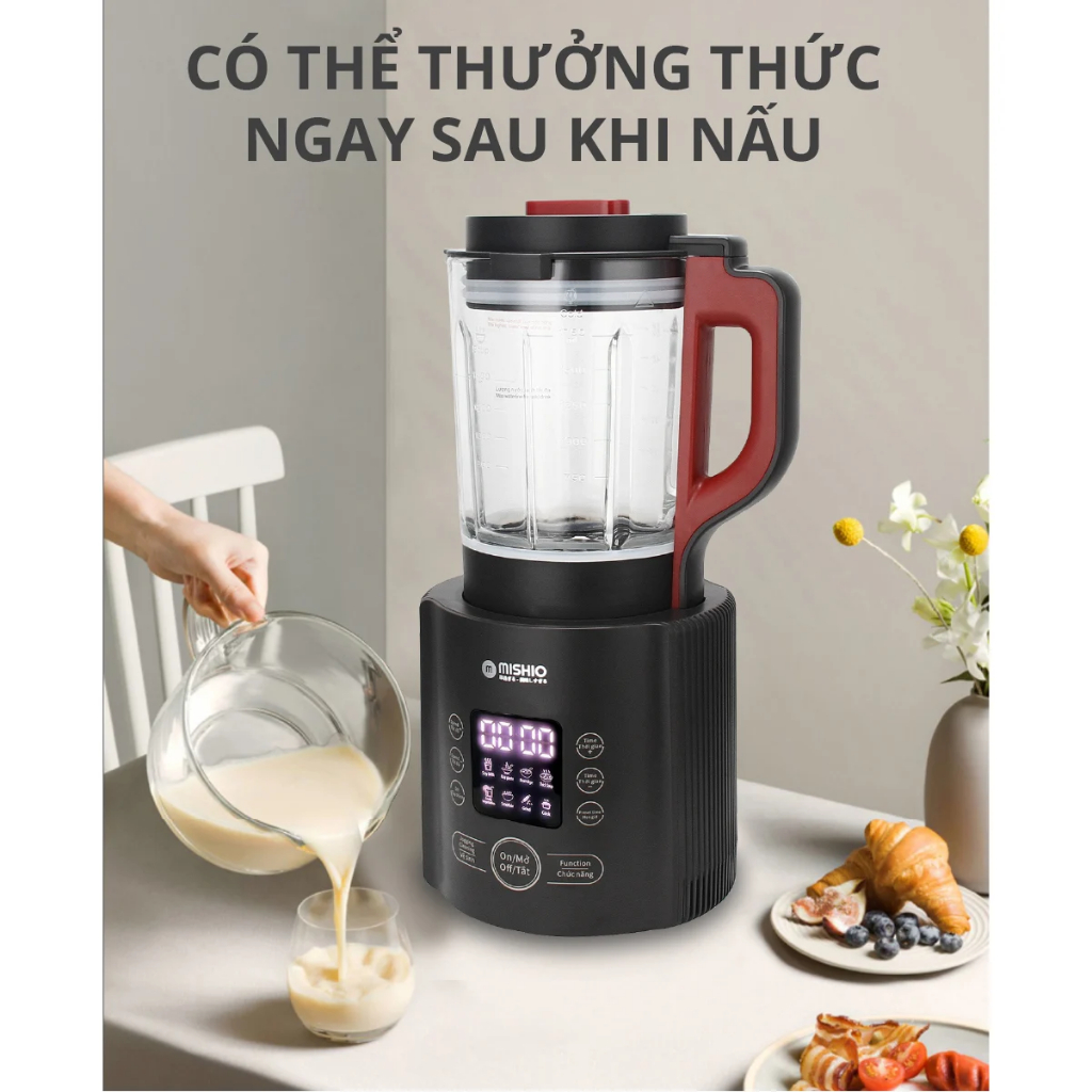 Máy làm sữa đậu nành không cần lọc bã Mishio MK360 800W cối thủy tinh Borisilicate 1.75L