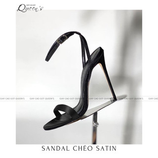 Giày sandal cao gót màu đen chéo gót lụa satin êm chân sang chảnh cho nữ công sở, giày cao gót dự tiệc cao 9-11 phân