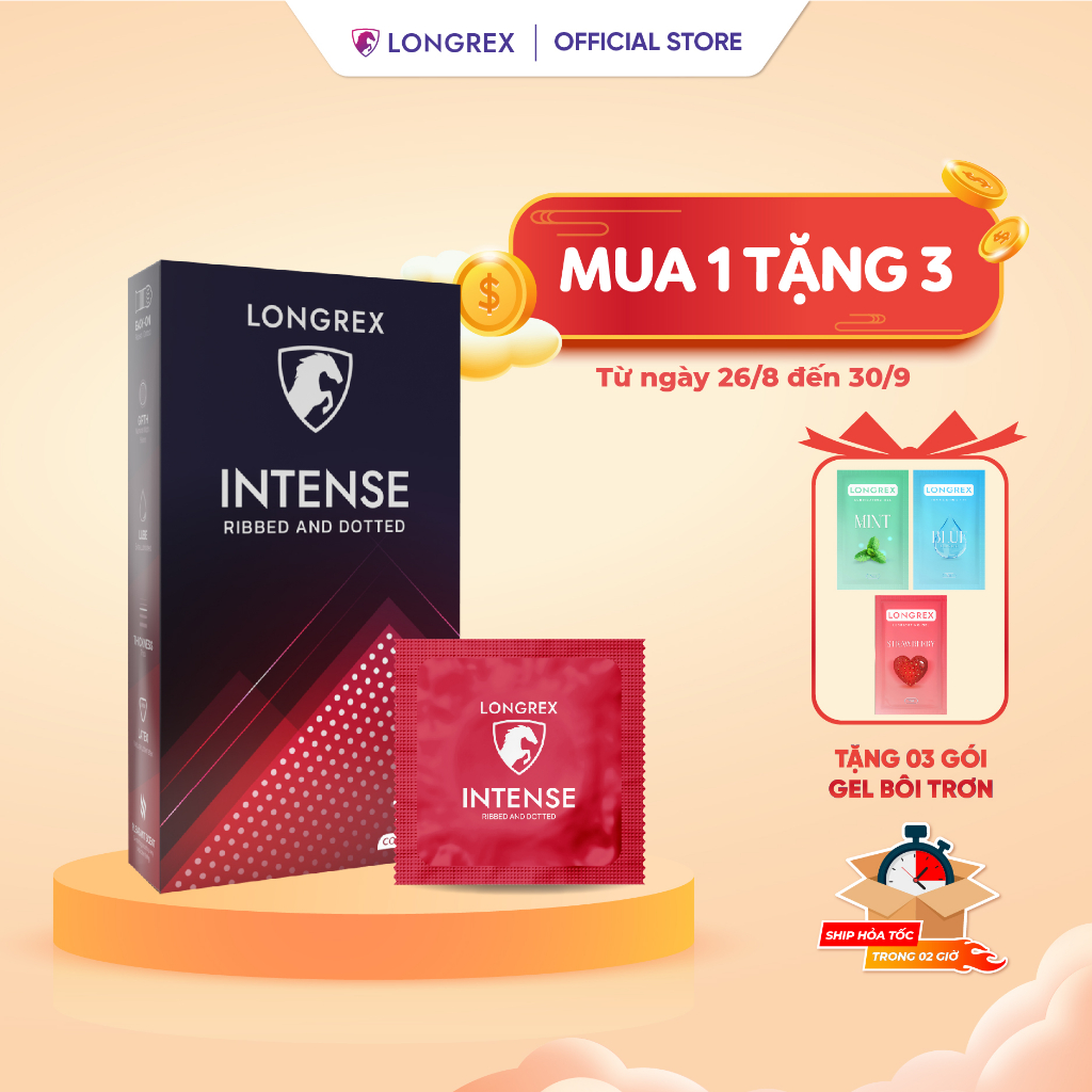 Bao cao su Longrex Intense nhiều gân gai, nhiều gel bôi trơn tăng cảm giác, gốc nước size 52mm LR06