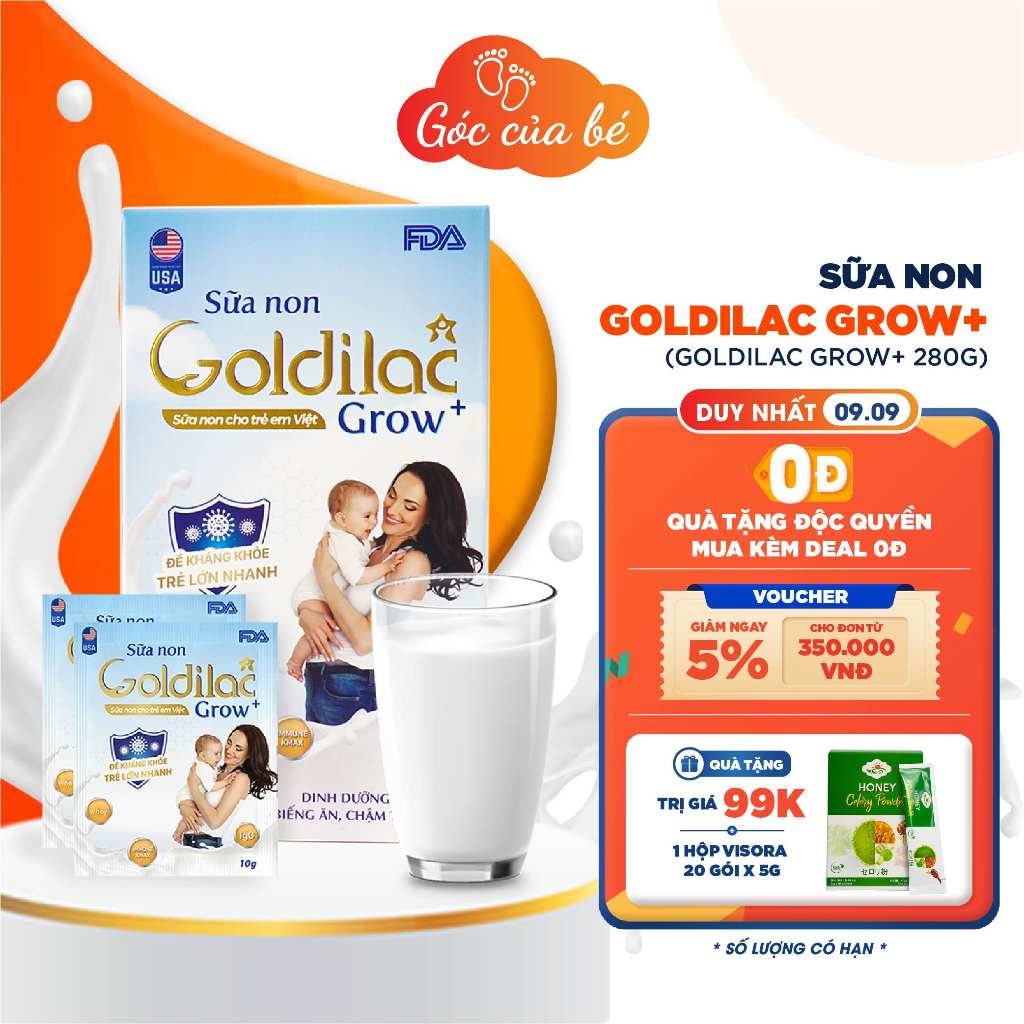 Sữa Non GOLDILAC GROW+ Hỗ Trợ Giúp Bé Tăng Cân Tăng Chiều Cao, Phá t Triển Trí Não Hộp 28 Gói Date T2/2024(Gói Dùng Thử)