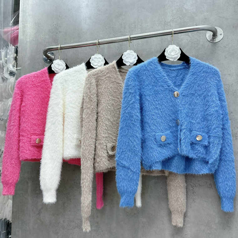 Cardigan Lông Thỏ Khuy Đồng Phong Cách Sang Chảnh - Áo Len Lông Thỏ Dài Tay Dáng Croptop Cài Khuy Thời Trang