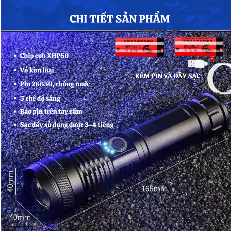 Đèn Pin XUKA Pin Trâu XHP50 Siêu Sáng Ánh Sáng Mạnh Tích Hợp Cổng Sạc USB