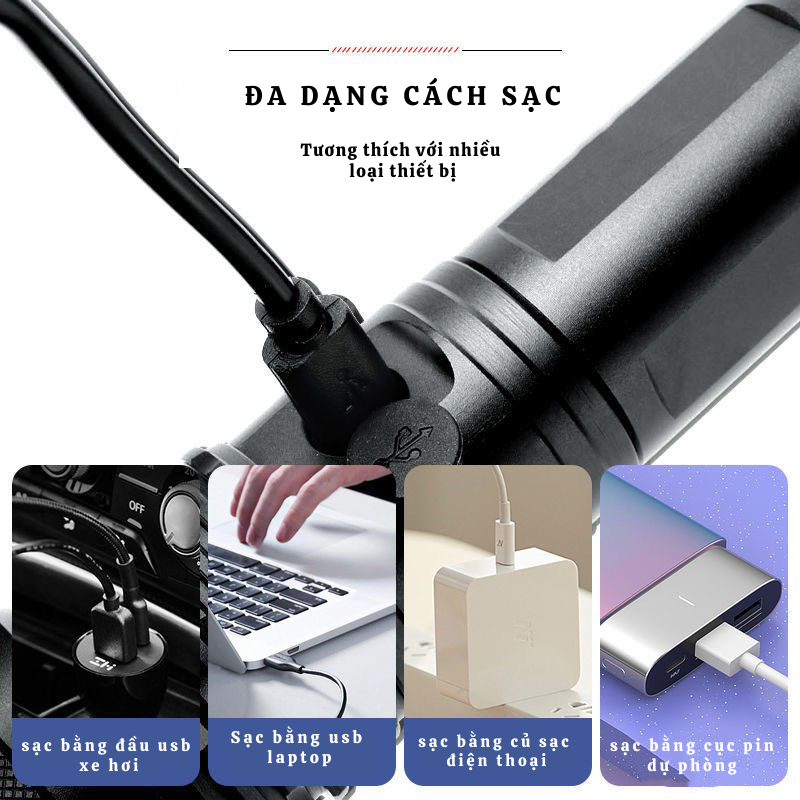Đèn Pin XUKA Pin Trâu XHP50 Siêu Sáng Ánh Sáng Mạnh Tích Hợp Cổng Sạc USB