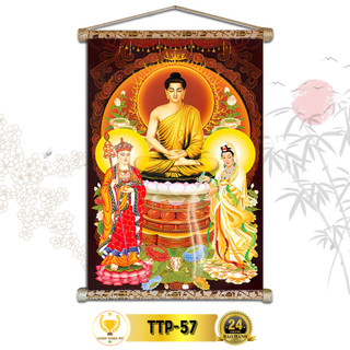 Tranh Phật Treo Tường Ta Bà Tam Thánh CHÂN THIỆN MỸ, Chất Liệu Vải Lụa Kim Sa Khung Gỗ 40x60cm TTP-57