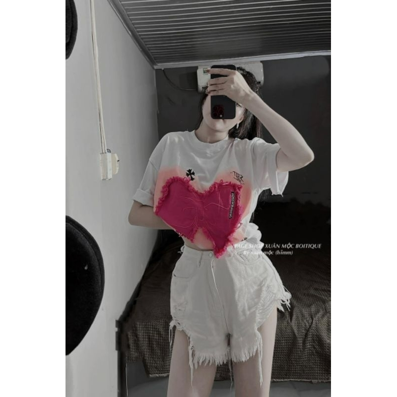 Áo Thun Chất Cotton Khô Form Rộng Tay Lỡ_ Phối Nơ Hồng