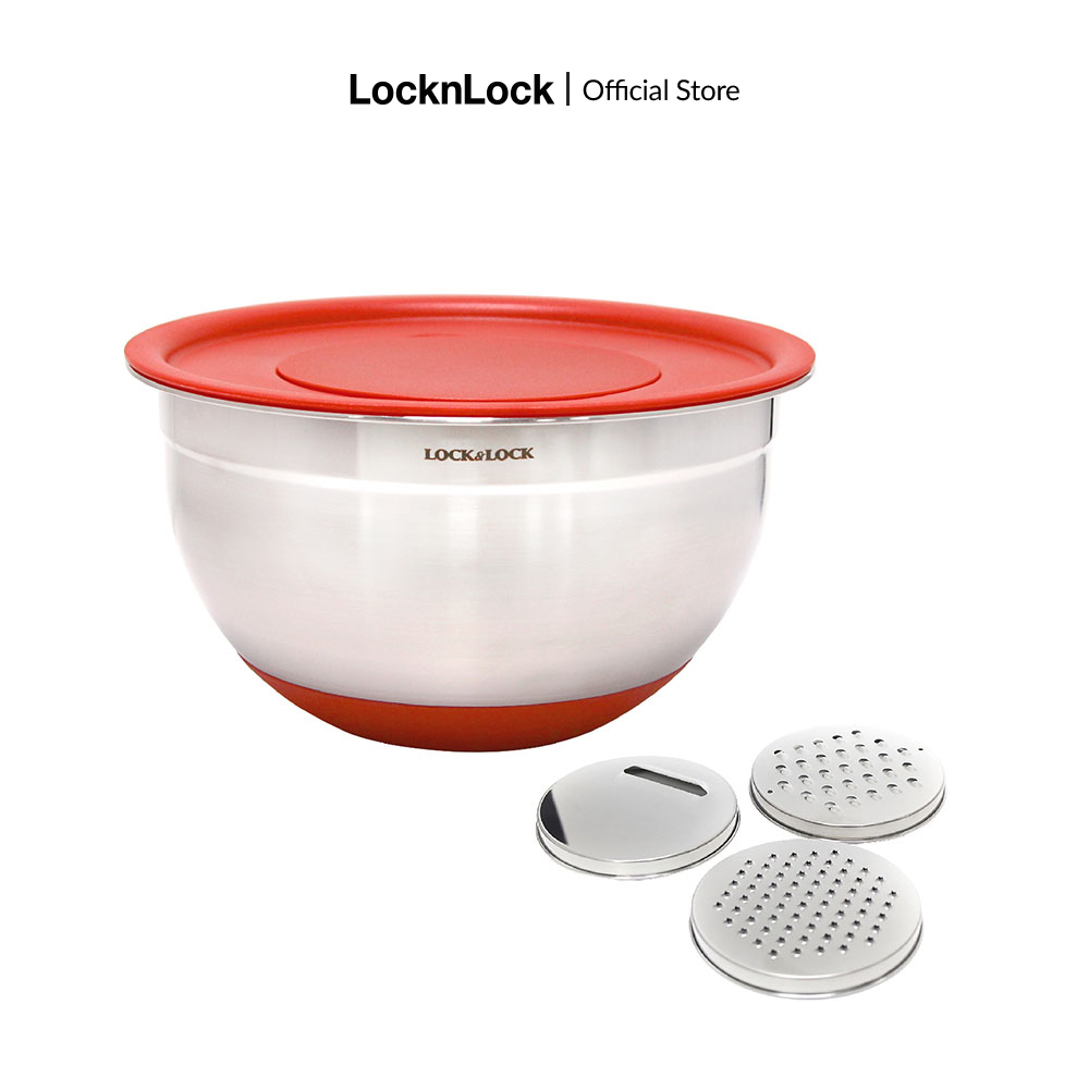 Bộ bát trộn inox và bàn mài rau củ Lock&Lock 20-24cm 2in1, đáy silicone trộn salad, ướp thịt, trộn bột