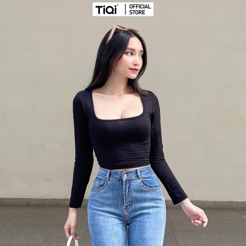 Áo croptop thun cotton tay dài cổ vuông nhiều màu TiQi Jeans A101