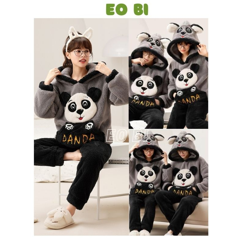 Đồ bộ lông tai gấu trúc panda siêu đáng yêu dễ thương, Bộ ngủ lông mùa đông mềm mịn ấm áp phong cách hàn quốc - EOBI