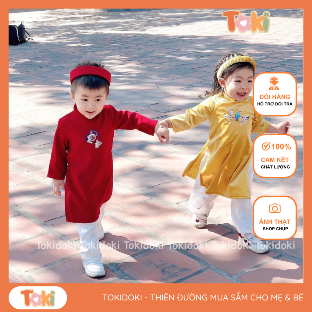 Áo dài Nhung thêu tay kèm mấn hoạ tiết chào Xuân cho bé gái made by Tokidoki