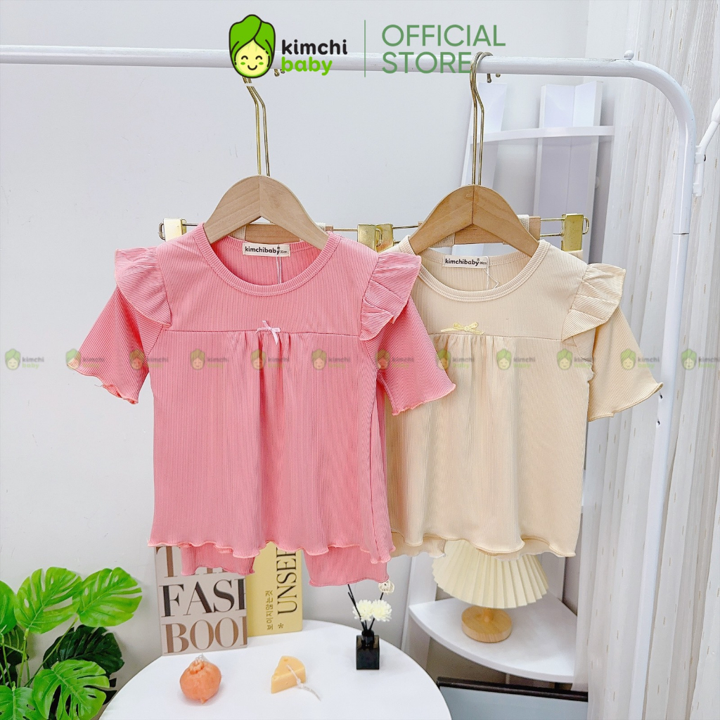 Bộ Dài Tay Cho Bé Gái KIMCHIBABY Vải Thun Tăm Bèo Vai Cánh Tiên, Đồ Bộ Cho Bé Mặc Nhà Thu Đông KCTD309