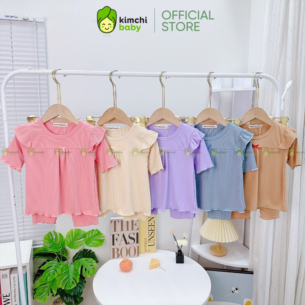 Bộ Dài Tay Cho Bé Gái KIMCHIBABY Vải Thun Tăm Bèo Vai Cánh Tiên, Đồ Bộ Cho Bé Mặc Nhà Thu Đông KCTD309