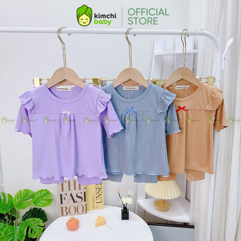 Bộ Dài Tay Cho Bé Gái KIMCHIBABY Vải Thun Tăm Bèo Vai Cánh Tiên, Đồ Bộ Cho Bé Mặc Nhà Thu Đông KCTD309