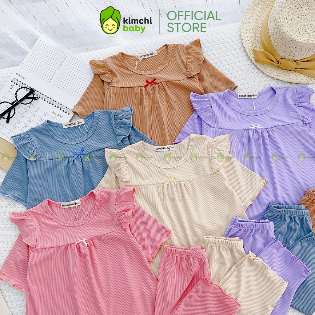 Bộ Dài Tay Cho Bé Gái KIMCHIBABY Vải Thun Tăm Bèo Vai Cánh Tiên, Đồ Bộ Cho Bé Mặc Nhà Thu Đông KCTD309