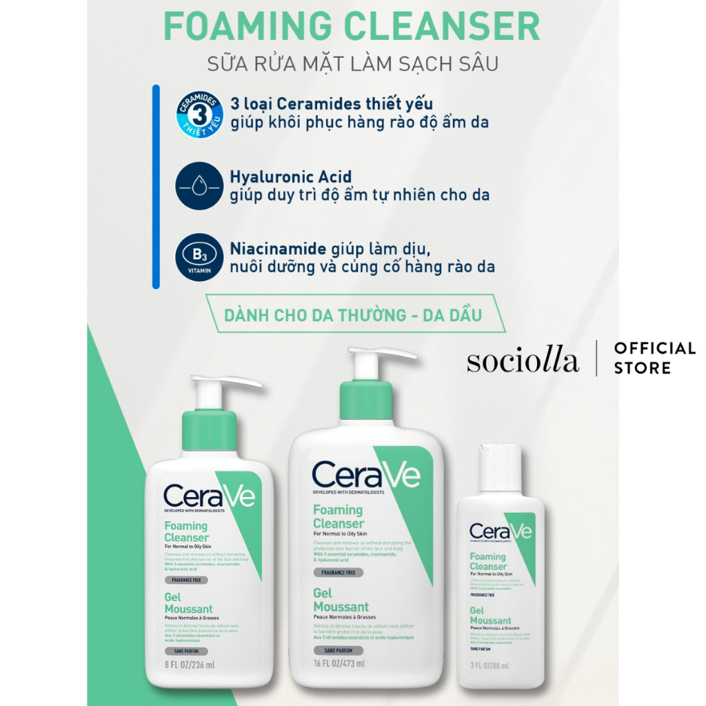 Sữa Rửa Mặt Giúp Làm Sạch Sâu Dành Cho Da Dầu Cerave Foaming Cleanser For Normal To Oily Skin