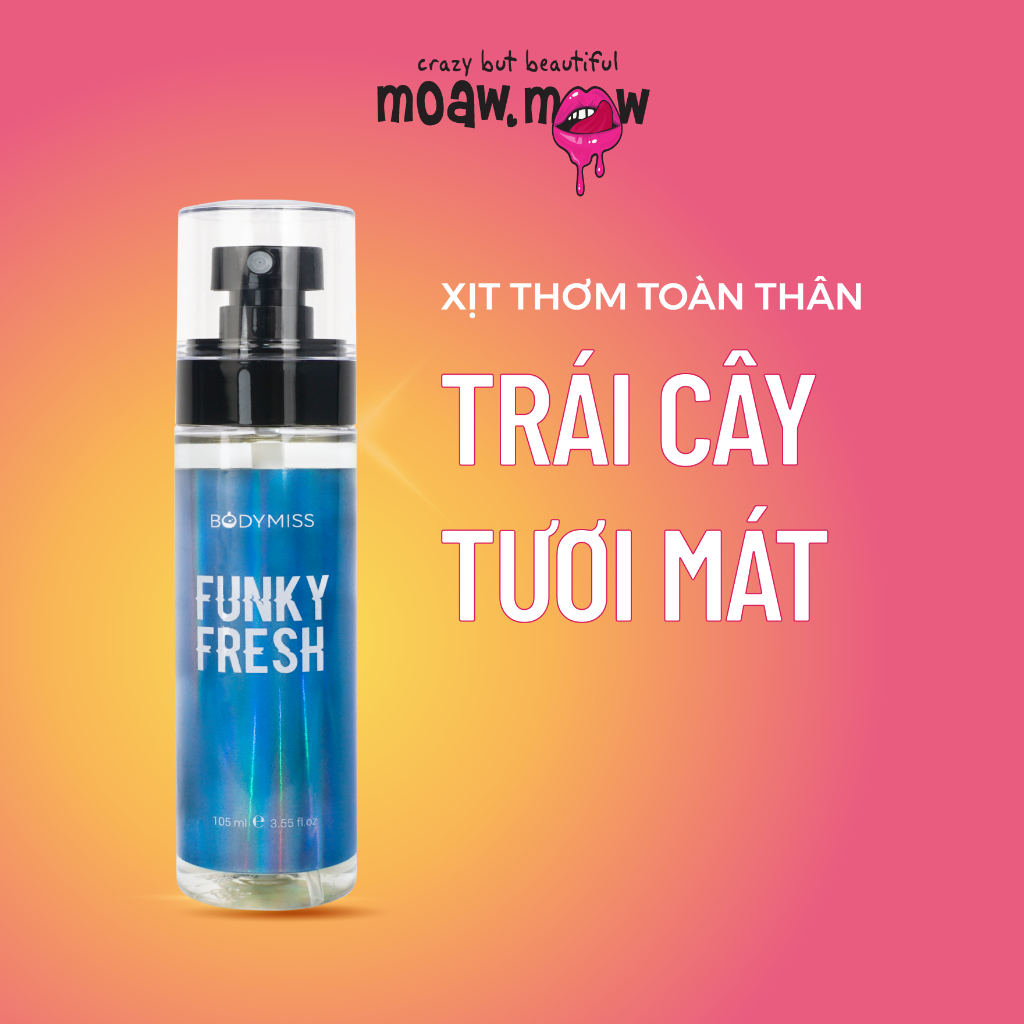 Bodymist xịt thơm toàn thân Funky Fresh hương nước hoa, 3 tầng hương riêng biệt, đi chơi, thể thao BODYMISS 105ml