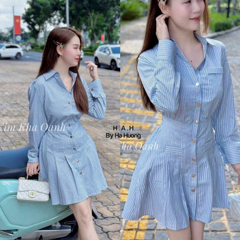 Bộ váy nữ sơ mi kẻ dài tay đi chơi trẻ trung thanh lịch