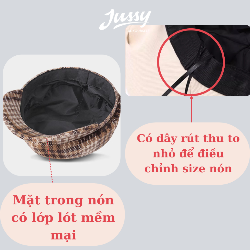 Nón Nồi Newsboy Sọc Caro JBR10 M C MR & MRS CAP Kiểu Mũ Beret Nữ Chất Vải Dày Có Lớp Lót Nhiều Màu Vintage
