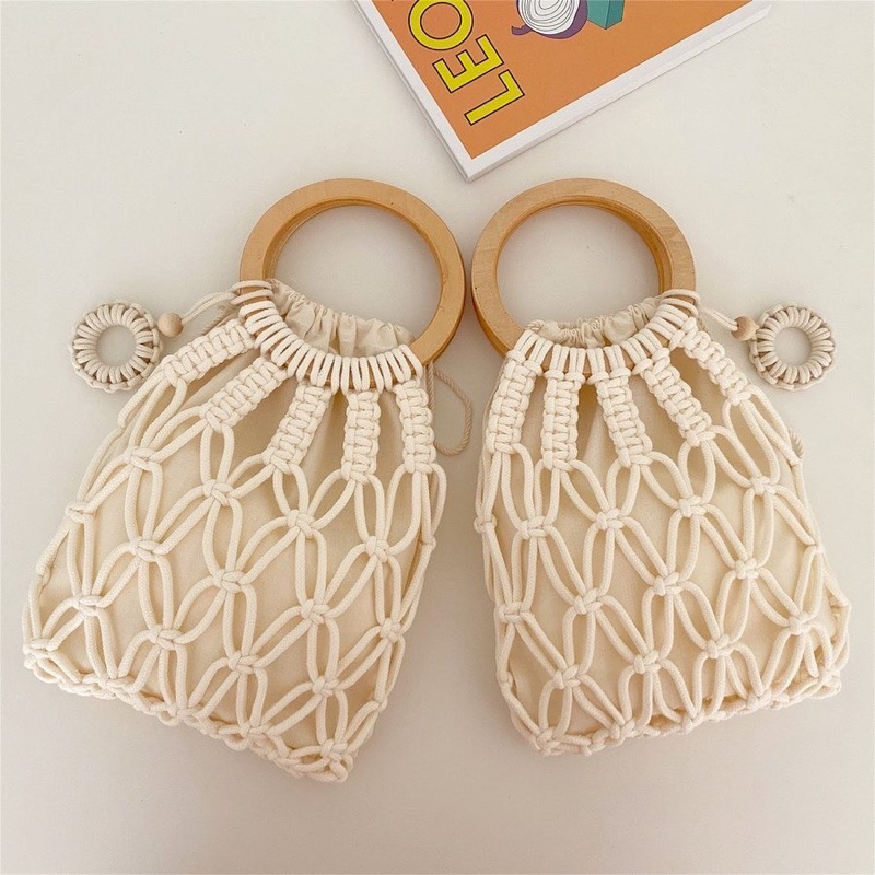 Túi Xách Nữ  Cầm Tay, Túi Xách Tay Bằng Cotton, Túi Xách Quai Nhựa Cầm Tay Handmade, Túi Xách Macrame Quai Gỗ