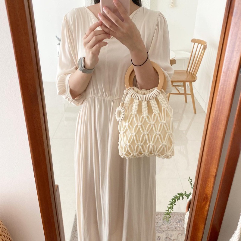 Túi Xách Nữ  Cầm Tay, Túi Xách Tay Bằng Cotton, Túi Xách Quai Nhựa Cầm Tay Handmade, Túi Xách Macrame Quai Gỗ